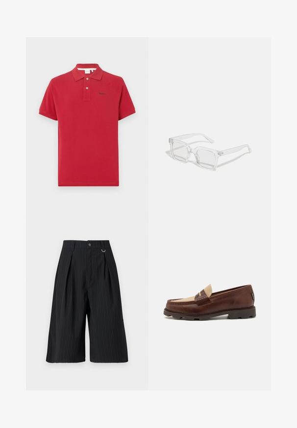 Sarkans polos krekls no kokvilnas, ar klasisku apkakli, trīs pogu aizdari un mazu izsietu logotipu uz krūšu. Gluda tekstūra.; Melnas svītrainas šortas ar krokām, pogu aizdari un metāla gredzena akcentu. Gluda auduma, pielāgota piegriezuma un ceļgala garuma dizains.; Brūni ādas loafers ar pelēkā kanvas akcentu, stitch detail un teksturētu gumijas zoli, kas paredzēta komfortam un izturībai.; Caurspīdīgas taisnstūrveida saulesbrilles ar biezām plastmasas rāmja, ar nedaudz krāsotiem objektīviem un bez papildu rakstiem vai akcentiem.