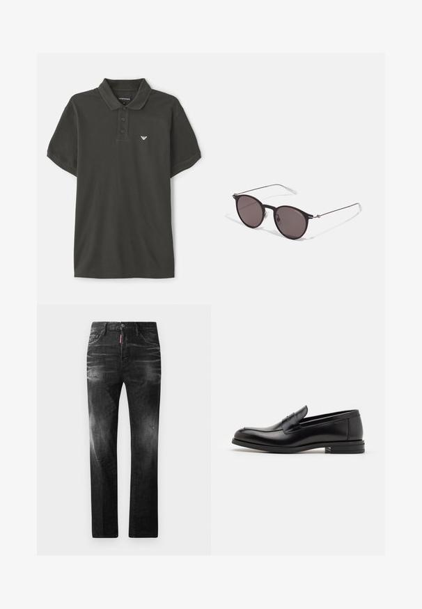 Tumši zaļš kokvilnas polo krekls ar klasisku apkakli, trīs pogu slēgšanu, īsām piedurknēm un mazu balto logotipu uz krūtīm.; Melni džinsi no denima ar taisnu piegriezumu. Iespējas ietver izbalējušas vietas, nelielas nodiluma pazīmes, klasisko piecu kabatu dizainu un pogu aizdari.; Melnas ādas kurpes ar gludu tekstūru, noapaļu purngalu un dekoratīvu siksniņu pāri priekšpusei. Zems sakrauts papēdis, minimālisma dizains.; Melni apaļi saulesbrilles ar tumšiem lēca un plānām metāla stangām. Iekļautas caurspīdīgas tempļu galviņas un sudraba akcenti pie eņģes. Minimalistisks dizains.