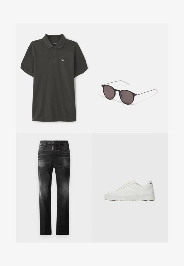 Tmavě zelené bavlněné polo tričko s klasickým límečkem, lištou na tři knoflíky, krátkými rukávy a malým bílým logem na hrudi.; Černé džíny z denimu se rovnými nohavicemi. Obsahují vybledlé oblasti, drobné poškození, klasický pětikapsový design a zapínání na knoflík.; Bílé kožené tenisky s hladkým povrchem, kulatou špičkou, plochými tkaničkami a texturovanou podrážkou. Na patě se nachází nenápadné logo.; Černé kulaté sluneční brýle s tmavými skly a tenkými kovovými nohami. Obsahují průhledné koncovky nožiček a stříbrné akcenty na pantu. Minimalistický design.