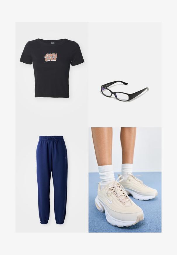 Črna skrajšana majica iz bombaža, z barvitim grafičnim tiskom "SANTA CRUZ" spredaj. Kratke rokave in okrogel izrez.; Temno modri trenirka hlače iz mehkega blaga, z elastičnim pasom in vrvico, elastičnimi manšeti ter majhnim belim logotipom.; Bež športni čevlji z teksturirano zgornjico, belimi vezalkami in debelim belim podplatom. Oblika vsebuje subtilne krivine in majhen logo.; Črne pravokotne očala z prozornimi lečami. Sijajna površina, ožje ročke in vijolična barva, vidna na robovih leč.