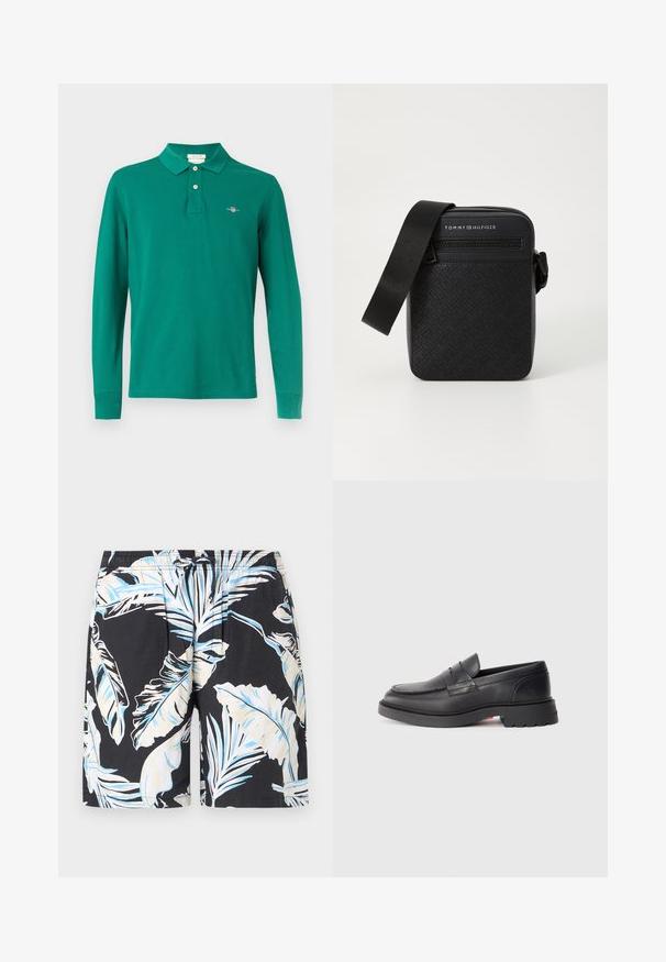 Pitkähihainen vihreä puuvillainen poolopaita. Siinä on kauluksellinen pääntie, kaksinappinen nappilista ja rinnassa kirjailtu logo.; Mustat uimaportsarit, joissa on suuri valkoinen ja sininen trooppinen lehtikuvio, joustava vyötärö nauhalla ja sileä kangas.; Mustat nahkakengät, joissa on pyöreä kärki, kohotettu sauma ja paksu kumipohja. Yksinkertainen muotoilu, jossa on minimaalista brändäystä sivussa.; Tommy Hilfiger MONOGRAM MINI REPORTER UNISEX - Olkalaukku - black