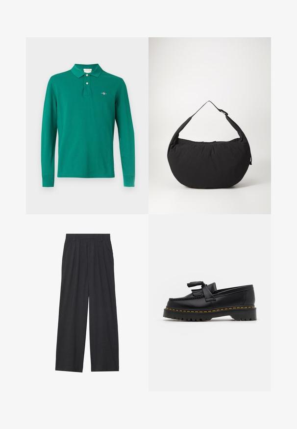 Long sleeve, green polo shirt made of cotton. Features a collared neck, two-button placket, and an embroidered logo on the chest.; Wide-leg trousers made of dark gray fabric. Features pleats at the waist, a tailored design, and a straight silhouette.; Black leather loafer with a tasseled accent, featuring a chunky black sole and yellow stitching along the edge. Textured finish.; Black fabric shoulder bag with a curved shape, featuring a single strap and a zippered closure. Soft texture, minimalist design.