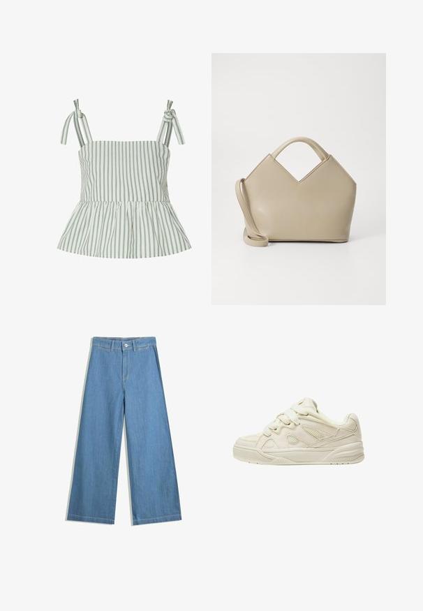 Lekki, zielono-biały top peplum w paski z regulowanymi troczkami i rozkloszowanym dołem. Teksturowany materiał z pionowymi liniami.; Jasnoniebieskie dżinsy w szerokim kroju, wykonane z denimu, z zapięciem na guzik, paskami do paska i subtelnymi detalami w szwie.; Beżowe trampki z teksturowaną cholewką, wyraźnymi sznurowadłami, siateczkowymi panelami i grubą podeszwą. Krzywy design z wyściółką w okolicy kostki dla komfortu.; Beżowa torebka o wyraźnej strukturze z wklęsłym górnym brzegiem, wykonana z gładkiej skóry, z krótkimi uchwytami oraz długim regulowanym paskiem. Minimalistyczny design.