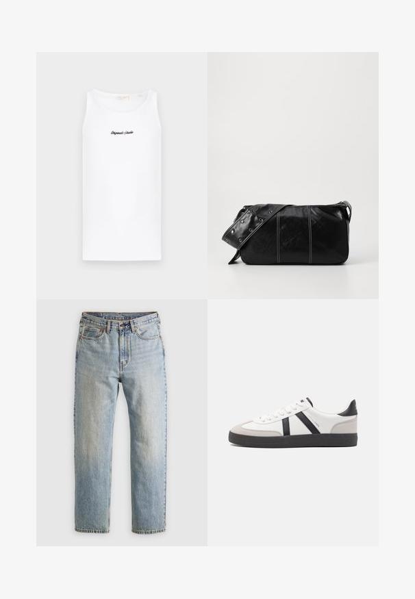 Witte tanktop van katoen, met een ronde halslijn en een aansluitende vorm. Het heeft een zwarte cursieve logo op de voorkant.; Lichtblauwe denim jeans met hoge taille, frontknop, rits en vijfzakkenontwerp, plat gelegd op een neutrale achtergrond.; Witte sneaker met zwarte en grijze accenten, voorzien van een grijze neus met textuur, zwarte rubberen zool en platte witte veters. Schoon ontwerp, minimalistische stijl.; Zwarte leren schoudertas met een ritsluiting, voorzien van een gestructureerd lichaam, witte stiksels en een band met zilveren oogjes.