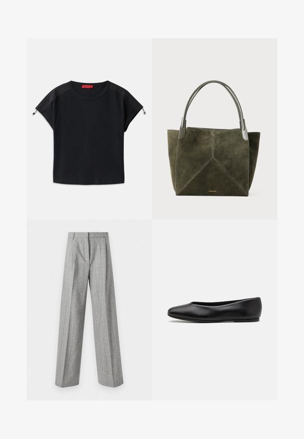 Black cropped t-shirt with round neck. Features soft fabric with satin panels on shoulders and drawstring details at the sleeves.; High-waist gray trousers with vertical pinstripes and wide straight legs, displayed against a white background.; Paul Smith TOPANGA - Ballet pumps - black; Olive green suede tote bag with a geometric seam pattern, grey leather handles, and a gold logo on the base. Soft texture, spacious design.