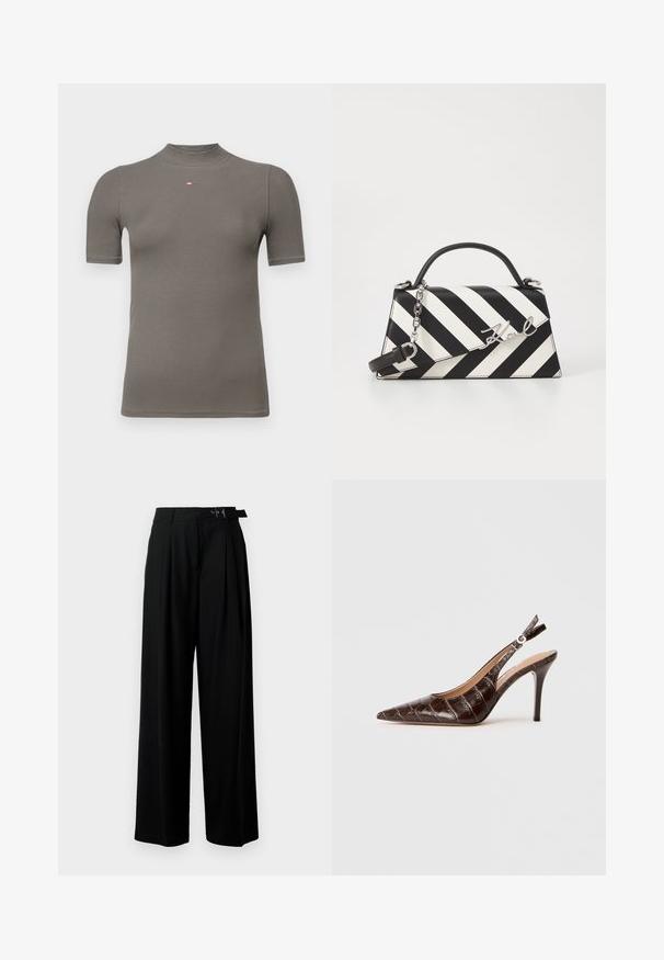 Diesel MOKKY - Základné tričko - grey; Čierne široké nohavice s vysokým pásom, skladmi vpredu a opaskom s prackou. Vyrobené z hladkej, ľahkej textílie.; Hnedé lodičky na podpätku z kože s embosovaným vzorom krokodíla, s špicatou špičkou, otvorenými bokmi a tenkým vysokým podpätkom. Navrhnuté s nastaviteľnou sponou.; Čierno-bielo pruhovaná kabelka so štruktúrovaným tvarom, obsahujúca hornú rúčku, odnímateľný reťazový popruh a kovový logo akcent.
