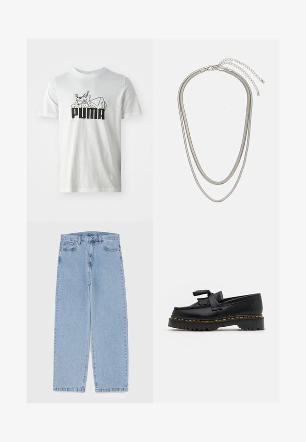 Bela bombažna majica s črnim grafičnim tiskom risanega mačka in blagovno znamko "PUMA" v poglobljeni, stilizirani pisavi spredaj.; Svijetloplave traperice s ravnim nogavicama, srednjeg struka, pet džepova te zatvaranjem na gumb i munju.; Črne usnjene loafersice s kaširanim naglasom, z debelim črnim podplatom in rumenim šivom ob robu. Teksturirana površina.; Tri-slojni srebrni kovinski ogrlica z elegantnimi, fleksibilnimi verigami z rahlim leskom, varovana z zaponko s katero se zaključi in nastavljivo verigo.
