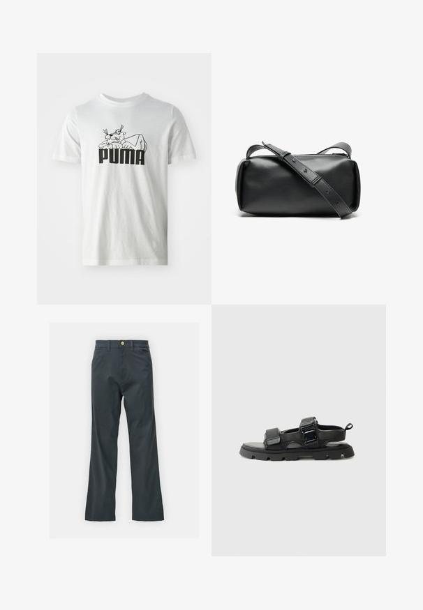 Bílé bavlněné tričko s černou grafikou karikatury kočky a značkou "PUMA" vyvedenou v tučném, stylizovaném písmu na přední straně.; Černé kalhoty s rovnými nohavicemi, vyrobené z bavlněné směsi. Mají kovové zapínání a boční kapsy. Bez viditelných vzorů.; Černé sandály s vláknitým svrškem, širokými pásky, kovovými sponami a silnou gumovou podrážkou se vzorem lug.; Černá kožená crossbody taška s cylindrickým tvarem, se zipovým uzávěrem a nastavitelným popruhem. Hladký povrch s minimalistickými designovými prvky.