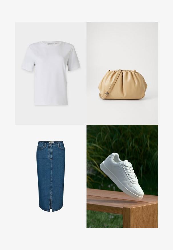 Hvid kortærmet t-shirt lavet af glat bomuld. Har en rund hals og lige kant, uden mønstre eller udsmykninger.; Denim blyantskørt i mørkeblå, med en forslidse, fem lommer og kontrasterende syninger. Mellem høj talje med et klassisk design.; Hvid sneaker med en glat syntetisk overdel, perforeret tåboks, flade snørebånd og en tekstureret sål, præsenteret på en træoverflade.; Tan læderhåndtaske med plisseret design, justerbar rem og rund form. Minimalistisk branding på forsiden.