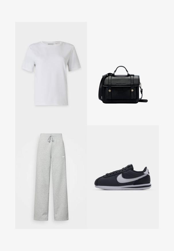 T-shirt bianco a maniche corte realizzato in cotone morbido. Presenta un collo rotondo e orlo dritto, senza fantasie né decorazioni.; Pantaloni tuta grigi con vita elastica, dettaglio con cordino e piccolo logo Nike bianco sulla coscia sinistra. Tessuto morbido, vestibilità ampia.; Scarpa sportiva nera con accenti grigi, tomaia in sintetico liscio, suola testurizzata, punteggiante arrotondata e lacci piatti. Design classico con dettagli del logo.; Borsa a tracolla in pelle nera con design strutturato, manico superiore, tracolla regolabile, patta anteriore e accessori in metallo. Presenta il marchio sulla parte frontale.