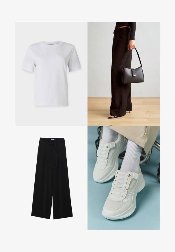 Witte t-shirt met korte mouwen van gladde katoen. Heeft een ronde halslijn en rechte zoom, zonder patronen of versieringen.; Zwarte wijde broek van textuurstof, met een elastische tailleband en een afneembare sjaalstrik in de taille voor een verstelbare pasvorm.; Witte sneakers met een mesh materiaal, rubberen zool, vetersloze uitvoering met elastische banden en gouden accenten.; Zwarte handtas met gestructureerde vorm, gladde textuur en een metalen sluiting. Gecombineerd met brede zwarte broeken en sandalen met open teen op een houten vloer.