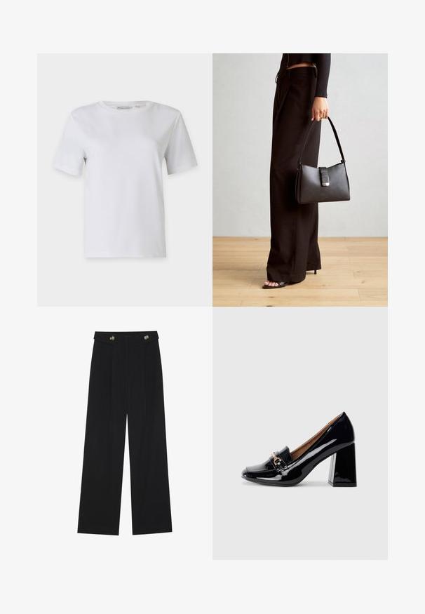 Fehér, rövid ujjú póló sima pamutból. Kerek nyakkivágással és egyenes aljú kialakítással rendelkezik, minták vagy díszítések nélkül.; Fekete, bő szárú nadrág magas derékkal, gombos részletekkel a derékrészen és elülső pliszékkal.; Fekete lakkbőr magassarkú cipő hegyes orral és tömbsarkal. Díszes pánt és csatt részlet található a cipő elején.; Fekete kézi táska strukturált formával, sima textúrával és fémből készült záródással. Széles fekete nadrággal és nyitott orrú szandállal párosítva, fából készült padlón.
