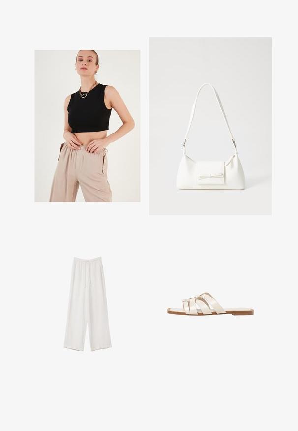 Musta lyhythihainen toppi sileästä kankaasta, yhdistettynä beigeihin löysiin housuihin, joissa on joustava vyötärö ja sivutaskut.; Valkoiset leveälahkeiset housut kevyestä kankaasta. Ominaisuuksiin kuuluu elastinen vyötärö, jossa on nauhakuuluma ja sivutaskut. Sileä rakenne.; Tason vaaleanruskealla kumipohjalla, jossa on kolme päällekkäistä valkoista nahkaremmiä ja pieni satiininen rusetti keskellä.; Valkoinen synteettinen käsilaukku, jossa on kolmikulmainen muoto, tasainen etu läppä ja nauhadetail, säädettävä olkahihna, sileä rakenne ja minimalinen muotoilu.