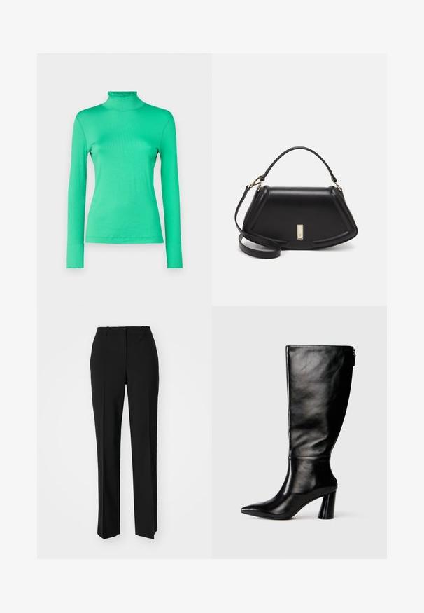 Long-sleeve turtleneck shirt in bright green. Made of stretchy fabric with a smooth texture. Features fitted silhouette and subtle seams.; Black tailored trousers with a straight-leg design, featuring a smooth texture and crisp creases along the front. No visible hardware.; Knee-high black leather boot with a pointed toe, smooth texture, and a chunky heel. Features a zipper detail at the back.; Black leather handbag with a structured design, featuring a cropped shape, top handle, and gold hardware accent. Adjustable shoulder strap included.