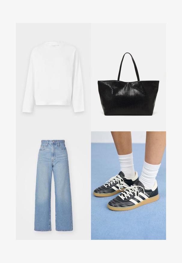 Gina Tricot BASIC LONG SLEEVE TEE - Langarmshirt - white; Hellblaue High-Waist-Weite-Leg-Jeans mit Knopf- und Reißverschluss vorne, Vorder- und Rückentaschen, auf weißem Hintergrund.; Schwarze Ledersneaker mit weißen Streifen, runder Zehenpartie, weißen Schnürsenkeln und Gummisohle. Abgerundet durch gepolsterten Kragen und Branding-Details.; Schwarze geflochtene Tragetasche mit zwei stabilen Griffen, die eine glänzende Textur und ein geräumiges offenes Design bietet.