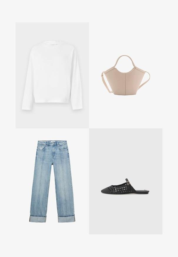 Gina Tricot BASIC LONG SLEEVE TEE - Pitkähihainen paita - white; Vaaleansinisiä farkkuja, joissa on leveät lahkeet ja korkea vyötärö. Farkuissa on viisi taskua, näkyvää ompelua ja käännetyt lahkeensuut.; Mustat kudotut slingback-kengät, joissa on teräväkärkinen muoto, teksturoitu materiaali, sivussa solkiyksityiskohta ja tasapohja.; Vaaleanbeige nahkainen käsilaukku, jossa on ainutlaatuinen muoto, varustettuna kahdella lyhyellä kahvalla ja yhdellä pitkällä säädettävällä hihnalla. Sujuva pinta ja vähän metalliosia.