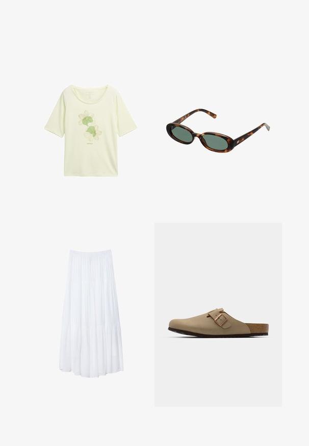 Hellgelbes T-Shirt aus weichem Stoff, mit einem floralen Design in Grün mit Umrandungen, runder Ausschnitt und kurzen Ärmeln.; Weißer, gestufter Maxi-Rock aus leichtem Stoff. Verfügt über einen elastischen Bund und ein fließendes Design mit weicher, subtiler Textur.; Beige Clogs mit einer abgerundeten Zehenpartie, verstellbarem Schnallenakzent und Korkfußbett. Strukturierte Oberfläche mit einer schwarzen Gummisohle für besseren Halt.; Schildpatt-Sonnenbrille mit ovalen Rahmen und grünen Gläsern. Verfügt über dünne Bügel mit einem metallischen Akzent in der Nähe der Scharniere.