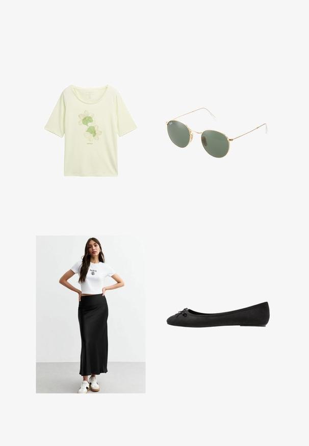 Camiseta de color amarillo claro hecha de tela suave, con un diseño floral en verde con contornos, cuello redondeado y mangas cortas.; Camiseta blanca corta con estampado "PARIS", combinada con una falda maxi negra de seda. La modelo lleva zapatillas blancas con acentos en beige y negro.; Bailarinas de ante negro con puntera redondeada, que presentan un lazo decorativo en la parte delantera y un diseño de suela plana. Textura suave y forma clásica.; Gafas de sol con marco de metal dorado, lentes verdes, forma redonda, patillas delgadas y acentos de plástico blanco en las puntas de las varillas.