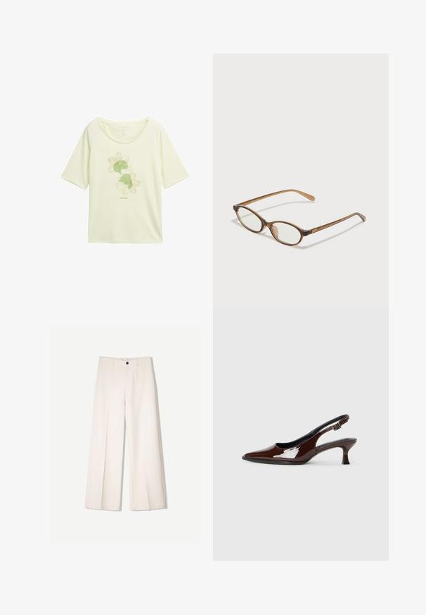 Cămașă galben deschis dintr-un material moale, cu un design floral în verde cu contururi, decolteu rotund și mâneci scurte.; Pantaloni largi de culoare crem, cu un design croit, având două buzunare la față și o închidere cu un singur nasture în față, realizați dintr-un material neted.; Pantofii slingback din piele patent maro, cu vârful ascuțit și un toc moderat. Prezintă o curea cu prindere pentru o potrivire sigură. Textură netedă.; Ochelari în nuanță de țestoasă maro, cu lentile ovale, brațe subțiri și accente transparente. Prezintă un logo subtil pe tâmplă. Design elegant și ușor.