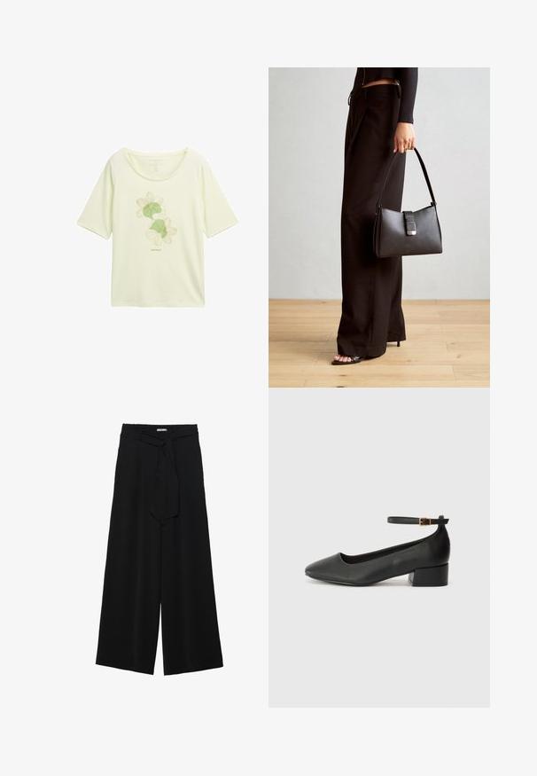Hellgelbes T-Shirt aus weichem Stoff, mit einem floralen Design in Grün mit Umrandungen, runder Ausschnitt und kurzen Ärmeln.; Schwarze weite Hosen aus strukturiertem Stoff, mit elastischem Bund und einem abnehmbaren Bindegürtel in der Taille für eine verstellbare Passform.; Schwarze Lederpumps mit spitzem Zehenbereich und niedrigem Blockabsatz. Mit einem Knöchelriemen und einer goldfarbenen Schnalle. Glatte Textur.; Schwarze Handtasche mit strukturierter Form, glatter Textur und einem metallischen Verschluss. Kombiniert mit weiten schwarzen Hosen und offenen Sandalen auf einem Holzboden.