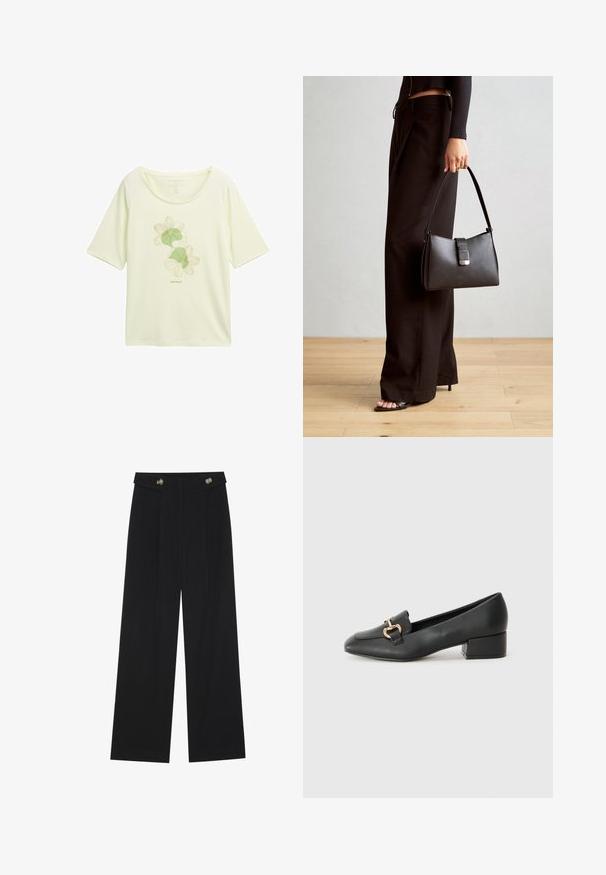 T-shirt giallo chiaro realizzato in tessuto morbido, con un design floreale verde con contorni, scollo rotondo e maniche corte.; Pantaloni neri a gamba larga con vita alta, dettagli con bottoni in vita e pieghe frontali.; Mocassini in pelle nera con tacco piatto, dotati di un dettaglio decorativo in metallo dorato nella parte anteriore e una superficie liscia.; Borsa nera con forma strutturata, texture liscia e una chiusura metallica. Abbinata a pantaloni neri larghi e sandali open-toe su un pavimento in legno.