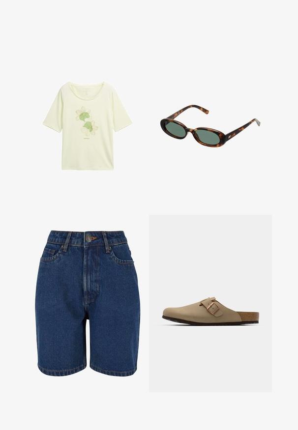 Šviesiai geltona marškinėliai, pagaminti iš minkštos medžiagos, su žaliu gėlių raštu su kontūrais, apvali iškirptė ir trumpomis rankovėmis.; Džinsiniai šortai, turintys tamsiai mėlyną spalvą, aukštą liemenį, penkių kišenių dizainą ir kontrastingus oranžinius siūlus. Audinys atrodo tekstūruotas.; Bežinės klumpės su apvaliu pirštu, reguliuojamu sagties akcentu ir kamštiniu padu. Tekstūruotas paviršius su juodu guminio pado sluoksniu, užtikrinančiu sukibimą.; Žvyneliai akiniai su ovaliais rėmeliais ir žaliais objektyvais. Siūlo plonas šakes su metaliniu akcentu prie vyrų.; Alyvuogių žalio odinio rankinės, su išlenkta forma, dviem rankenomis ir vientisu priekiniu paviršiumi. Pasižymi lygiu paviršiumi ir subtiliomis siuvimo detalėmis.