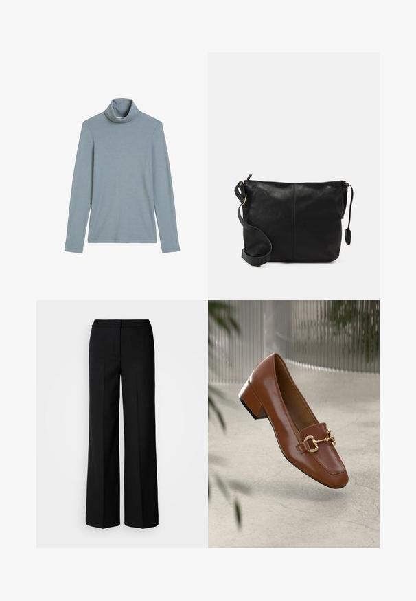 Light blue long-sleeve turtleneck shirt with a folded neck and simple, smooth fabric texture on a white background.; Black wide-leg trousers with a smooth fabric, featuring a high waist, tailored seams, and a minimalist design. No visible hardware or pockets.; Brown patent leather loafer with square toe, metallic chain accent, and low block heel; smooth texture, minimalist design.; Black leather crossbody bag with a flat shape, gold hardware accents, and an adjustable strap. Smooth texture with minimal stitching details.