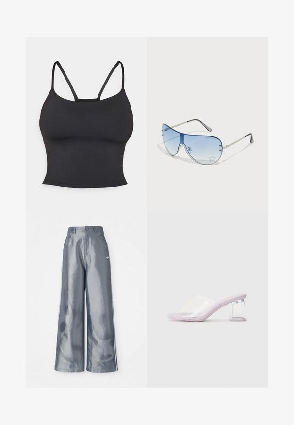 Juodas prigludęs kamšelio tipo marškinėlis, pagamintas iš lygaus audinio, su plonomis petnešėlėmis ir apvaliu iškirpimu, be papildomų raštų ar akcentų.; Plačios kelnės iš blizgaus pilko medžiagos, su baltomis šoninėmis juostelėmis ir liepsnos raštu apatinėje dalyje. Mygtuko ir užtrauktuko uždarymas juosmens srityje.; Šviesiai violetinės aukštakulnės šlepetės su skaidriu plastikiniu priekiniu sieneliu ir permatomu blokiniu kulnu. Lygus paviršius, atviras pirštų dizainas, minimalistinė forma.; Aviatoriai akiniai su gradientiniais mėlynais objektyvais, sidabriniu metaliniu rėmu ir dekoratyvinėmis žvaigždžių akcentais ant objektyvų. Lygaus ir stilingo dizaino.