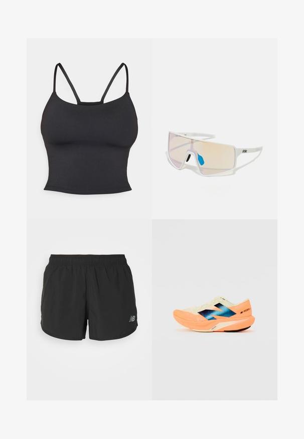 Must have musta sobiv kampsun, mis on tehtud siledast kangast, õhukeste rihmade ja ümmarguse kaelusega, ilma täiendavate mustrite või aktsentideta.; Mustad mustrikad lühikesed püksid, elastse vöökohtaga, valmistatud kergetest kangast. Madalal paremal küljel on väike hall logo.; Kergjalats kergest kreemjas ülemisest osast, sinise brändingu ja oranžide aktsentidega taldadel. Võrgumaterjal tagab hingavuse.; Valged raamidega päikeseprillid, millel on suured gradiendiklaasid roosa kuni heleda oranži tooniga, mida rõhutab sinine ninatükk ja logo detail.