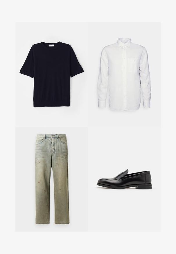 Tumed sinine lühikeste varrukatega kudumissärk ümmarguse kaelusega, pehme tekstuur ja mugav lõige. Omab ribatud äärist ja varrukaääriseid.; Pikkade varrukatega valge puuvillane särk, millel on nööbitav krae, eesmine tasku ja tavaline lõike. Tekstureeritud kangas, mille pind on sile.; Karmiinroheline kulunud denim teksapüksid, millel on sirge jalg, viie taskuga disain ning ebaühtlane pleekimine koos värvikrõpsudega.; Mustad mustad nahast loafers sileda tekstuuriga, ümarat ninaosa ja dekoratiivne riba vampi üle. Madal kihiline konts, minimalistlik disain.