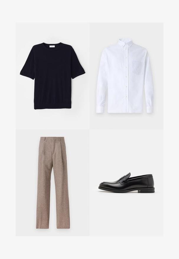 Tamnoplav majica s kratkimi rokavi, pletenina z okroglim izrezom, mehka tekstura in sproščen kroj. Ima ribast rob in manšete rokavov.; Bela dolgo rukava srajca s kragnico, izdelana iz bombaža, z žepom na prsih in toniranimi vezeninami ter gumbi na manšetah.; Rjave hlače z visokim pasom, izdelane iz teksturirane tkanine. Imajo široke noge in dve sprednji pregibi za strukturo. Urejen zaključek brez vidne strojne opreme.; Črne usnjene loafer čevlje z gladko teksturo, zaobljenim nosom in dekorativnim trakom čez zgornji del. Nizka zložena peta, minimalističen dizajn.