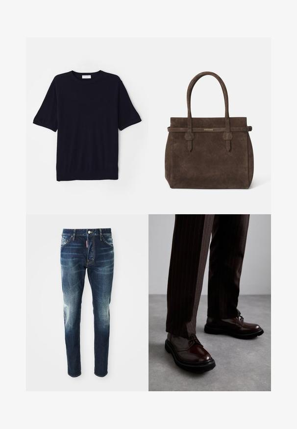 Námořnická modrá pletená košile s krátkým rukávem a kulatým výstřihem, měkká textura a volný střih. Obsahuje pružný lem a manžety rukávů.; Tmavě modré džíny s úzkým střihem, se zesvětlenými místy na stehnech a kolenou, pěti kapsami a kovovým zapínáním na knoflík.; Hnědé kožené šněrovací boty s lesklým povrchem, černou gumovou podrážkou a jemným štepováním. Nosené s hnědými pruhovanými kalhotami.; Tmavě hnědá semišová taška s dvojitými uchy a horizontálním popruhem se štítkem s malým zlatým logem DSQUARED2.