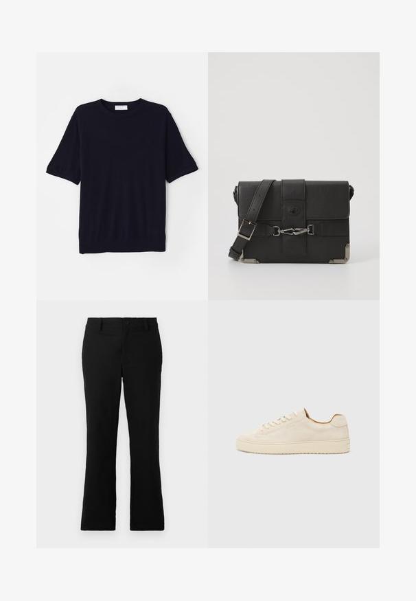 Tamnoplav majica s kratkimi rokavi, pletenina z okroglim izrezom, mehka tekstura in sproščen kroj. Ima ribast rob in manšete rokavov.; Črne široke hlače iz mešanice bombaža, opremljene z gumbom za zapiranje, zanko za pas in gladko teksturo brez vidnih vzorcev.; Bež suède teniska z nizkim dizajnom, okroglim prstom, ravnimi čipkami in teksturirano gumijasto podplatom. Minimalističen slog brez vidnih logotipov.; Crna usnjena torba za pošto z teksturno površino, kovinski dodatki, nastavljiv trak in pokrov z detajli z zaponko.