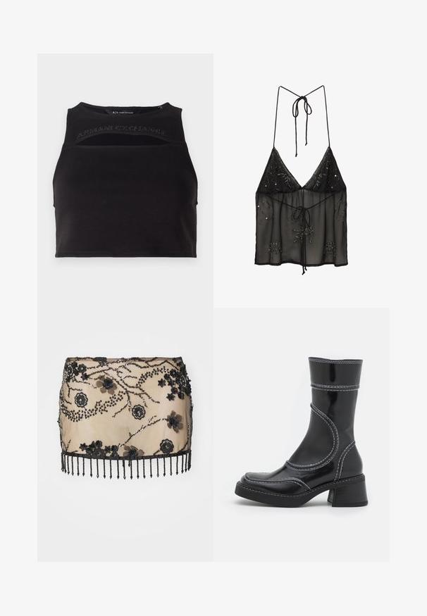 Čierny skrátený top bez rukávov vyrobený z hladkej látky, s výrezmi a predným logom v štrasovom písme. Jednoduchý, športový silueta.; Čierna priesvitná tílko s ramienkami, s kvetinovou korálkovou výšivkou a predným viazaním. Ľahká a štruktúrovaná látka.; Čierna mini sukňa so zdobením, kvetinovými aplikáciami, flitrami a perlovým strapcom na okraji. Vyrobená z priesvitného materiálu s komplikovanými detailmi.; Čierne lakované kožené členkové čižmy s bielym prešívaním, zaoblenou špičkou a blokovým podpätkom. Majú zakrivené línie dizajnu a hladkú textúru.