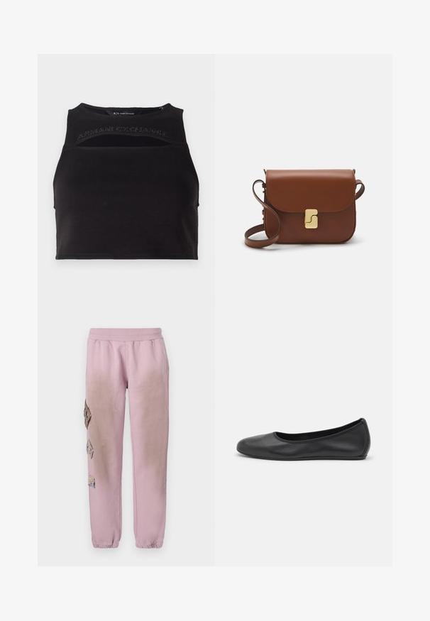 Black cropped tank top made of smooth fabric, featuring cut-out details and a front logo in studded lettering. Simple, athletic silhouette.; Pink sweatpants with an elastic waistband, featuring decorative patches in diamond shapes on the left side and elastic cuffs at the ankles.; Black leather ballet flat with a rounded toe, smooth texture, minimal stitching detail, and a flexible sole design.; Brown leather handbag with a flap closure, gold-tone hardware, a shoulder strap, and a smooth texture. Compact rectangular shape.