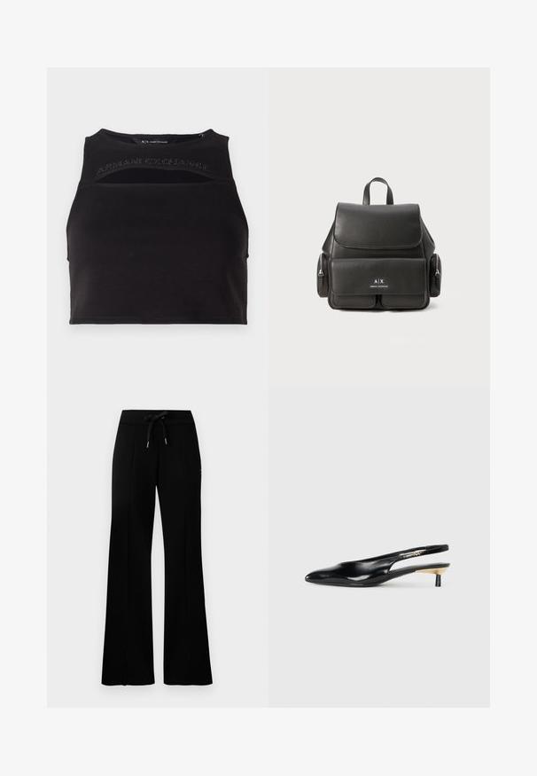 Top corto negro hecho de una tela suave, con detalles recortados y un logotipo frontal en letras con tachuelas. Silueta simple y atlética.; Pantalones de chándal anchos y negros con cintura elástica y cordón, acentos de abertura lateral, tela suave y un diseño elegante.; Zapato de tacón tipo slingback negro con punta afilada, acabado en cuero brillante y un pequeño tacón con un acento dorado. Diseño elegante con parte trasera abierta.; Mochila de cuero negro con cierre de solapa, bolsillo frontal, compartimentos laterales con cremallera y asa superior. Presenta un detalle de logo en la parte frontal.