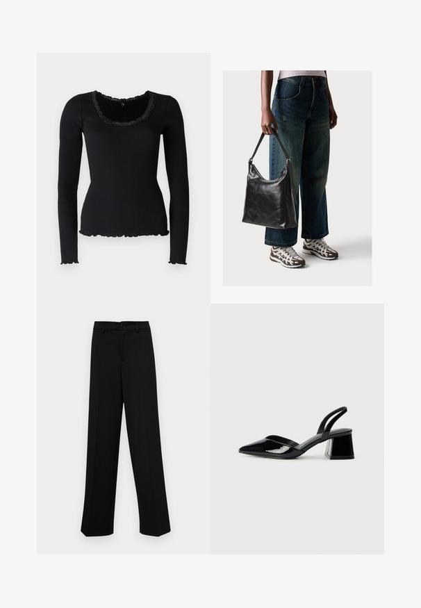 Black long-sleeve top in ribbed fabric, featuring a scalloped lace trim around a wide scoop neckline and ruffled hem.; Black wide-leg trousers made of smooth fabric, featuring a classic waistband with a button closure and front pleats.; Black patent leather slingback heels with a pointed toe and a geometric block heel. Features a sleek, minimal design and smooth texture.; Black leather shoulder bag with a smooth texture and adjustable strap, paired with faded wide-leg jeans and athletic sneakers.