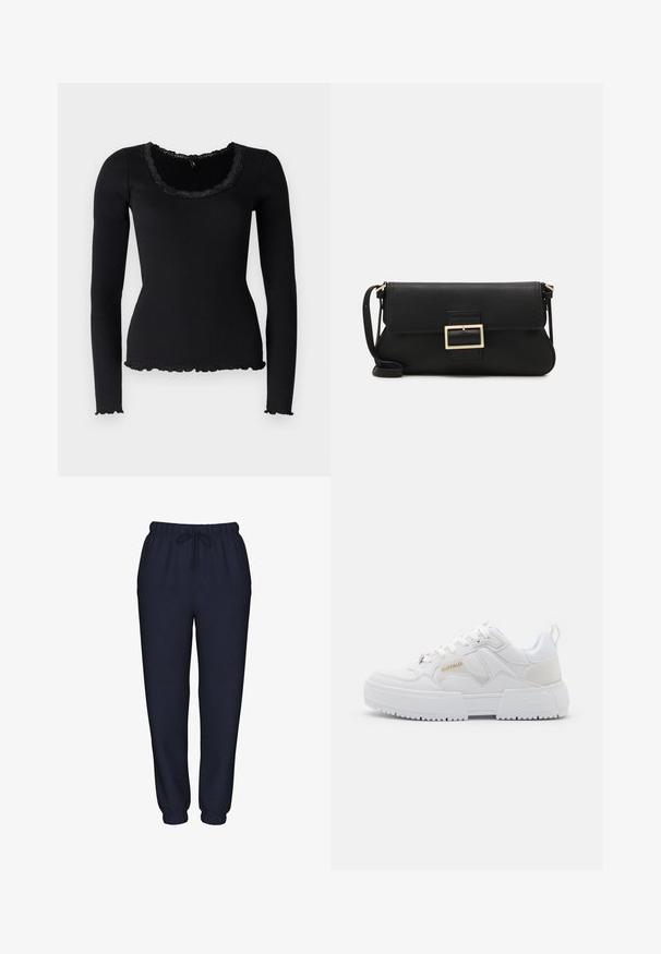 Black long-sleeve top in ribbed fabric, featuring a scalloped lace trim around a wide scoop neckline and ruffled hem.; Navy blue sweatpants made from soft fabric, featuring an elastic waistband with a drawstring, and fitted cuffs at the ankles.; White sneakers with a chunky design, featuring leather and synthetic materials, textured detailing, laces, and a prominent logo in gold.; Black leather clutch bag with a flap and a gold metal buckle detail. Includes a black strap and a sleek, minimalist design.; Gold hoop earrings with a smooth, shiny finish. Circular design featuring a small post and clear backing for secure wear.