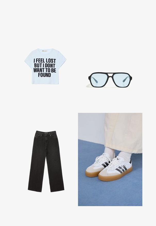 Stradivarius - T-shirt z nadrukiem; Czarne dżinsy o szerokich nogawkach, wykonane z denimu, w małe kropeczki, klasyczny pięć kieszeniowy fason oraz zapięcie na guzik i suwak.; Białe sneakersy z czarnymi paskami i beżowymi zamszowymi akcentami. Posiadają teksturowaną gumową podeszwę i płaskie białe sznurowadła, noszone z jasnymi skarpetami.; Czarne okulary przeciwsłoneczne o prostokątnych oprawkach, niebieskie soczewki z tintem i charakterystycznym wzorem mostka. Smukłe wykończenie, subtelna tekstura.