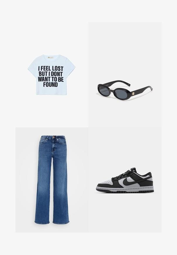 Stradivarius PLACEMENT - Triko s potiskem - black; Světle modré džíny s vysokým pasem a širokými nohavicemi, s knoflíkovým a zipovým zapínáním, a s předními a zadními kapsami, na jednobarevném světlém šedém pozadí.; Černé a šedé nízké tenisky Nike Dunk s perforovanou špičkou, hladkými koženými akcenty a gumovou podrážkou s texturovaným vzorem.; Černé oválné sluneční brýle s tmavými skly, lesklým plastovým rámem, širokými stranami a malým zlatým detailem na jedné straně.