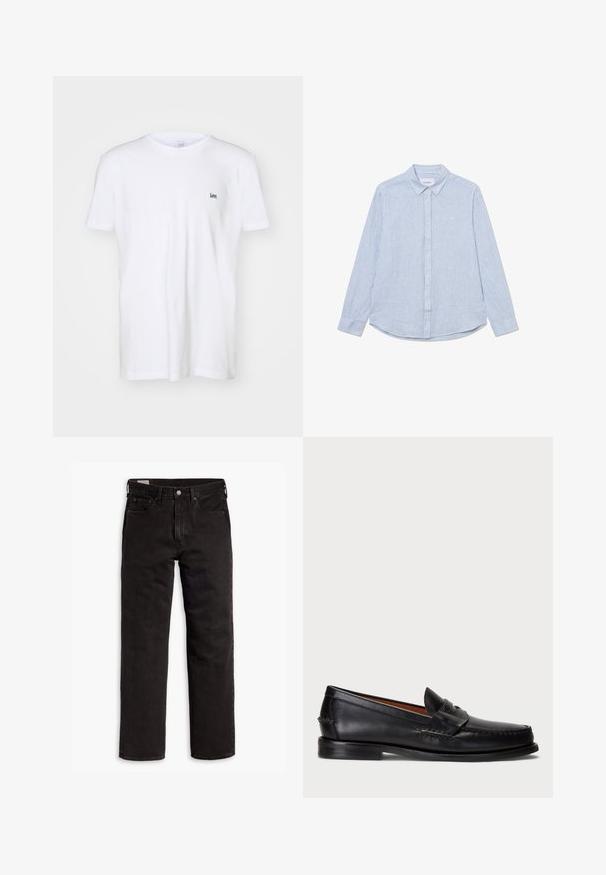 Bílý bavlněný tričko s krátkým rukávem, s malým vyšitým černým logem "Lee" na levé hrudi. Jednoduchý, klasický design.; Světle modrá košile na knoflíky s bílými pruhy, dlouhými rukávy, límečkem, zaobleným spodním okrajem a jemným detailem loga na hrudi. Bavlněný materiál.; Černé džíny rovného střihu s pěti kapsami, zapínáním na knoflík a poutky na opasek, položené na bílém pozadí.; Černé kožené mokasíny s kulatou špičkou, prošívanými detaily a dekorativním páskem přes přední část. Plochá podrážka s minimálním profilem.