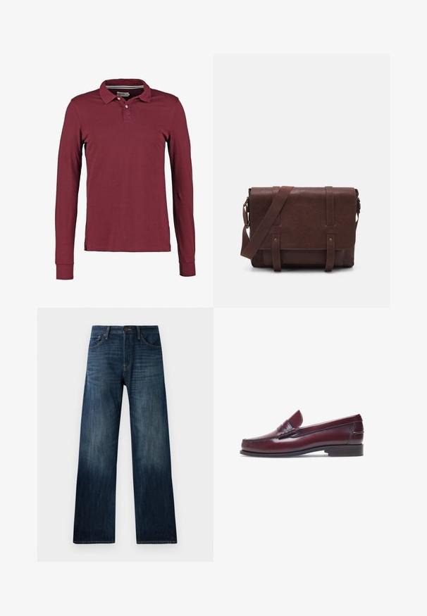 Polo a maniche lunghe di colore bordeaux, con un classico colletto, chiusura a due bottoni e fessure laterali per facilitare i movimenti. Tessuto in cotone liscio.; Jeans in denim blu scuro con design a gamba dritta, caratterizzati da una texture leggera, passanti per cintura e un classico stile a cinque tasche.; Mocassino in pelle bordeaux con punta tonda, dettagli cuciti e un piccolo accentu decorativo sulla tomaia. Suola piatta in contrasto.; Borsa a tracolla in pelle marrone con un davanti piatto, due cinghie, dettagli in metallo dorato e una tracolla regolabile.