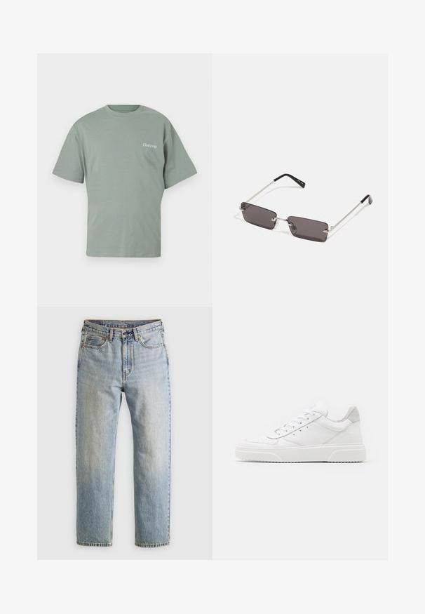 Mintgrønn bomulls T-skjorte med rund hals, korte ermer og en liten "Club1990" trykk på venstre bryst.; Lys blå denim jeans med høy midje, frontknapp, glidelås og fem-lommers design, lagt flatt på en nøytral bakgrunn.; Hvite skinnsko med en glat overflate, rund tå, flate lisser og teksturert såle. Grå semsket innfelt ved hælen.; Solbriller med rektangulære, mørkegrå linser, sølvfargede metallrammer og svarte plasttupper på armene. Lett design med nesepuder.