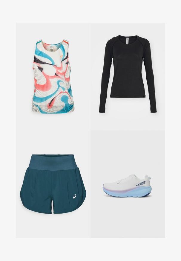 Bezramenný športový top vyrobený z priedušnej sieťoviny. Obsahuje abstraktné vzory v ružovej, modrej a čiernej farbe na bielom pozadí.; Čierna dlhá poloha v rôznej dĺžke, vyrobená z mäkkého materiálu. Má okrúhly výstrih a raglanové rukávy s otvormi na palce na manžetách. Minimalistický dizajn.; ASICS ROAD SHORT - Športové šortky - saxon green; Biele bežecké topánky s textúrovaným zvrškom, s gradientovou podrážkou v modrých a fialových odtieňoch a malým akcentovým logom na boku.
