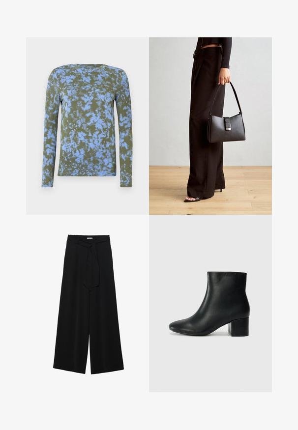 T-shirt a maniche lunghe in verde oliva con motivo tie-dye blu. Presenta un collo rotondo e una consistenza morbida. Adatto per un abbigliamento informale.; Pantaloni neri a gamba larga caratterizzati da un tessuto testurizzato, una vita elastica e una cintura staccabile per una vestibilità regolabile.; Stivali neri in pelle fino alla caviglia con punta appuntita e tacco spesso. Texture liscia con minimi dettagli e un design elegante e aderente.; Borsa nera con forma strutturata, texture liscia e una chiusura metallica. Abbinata a pantaloni neri larghi e sandali open-toe su un pavimento in legno.