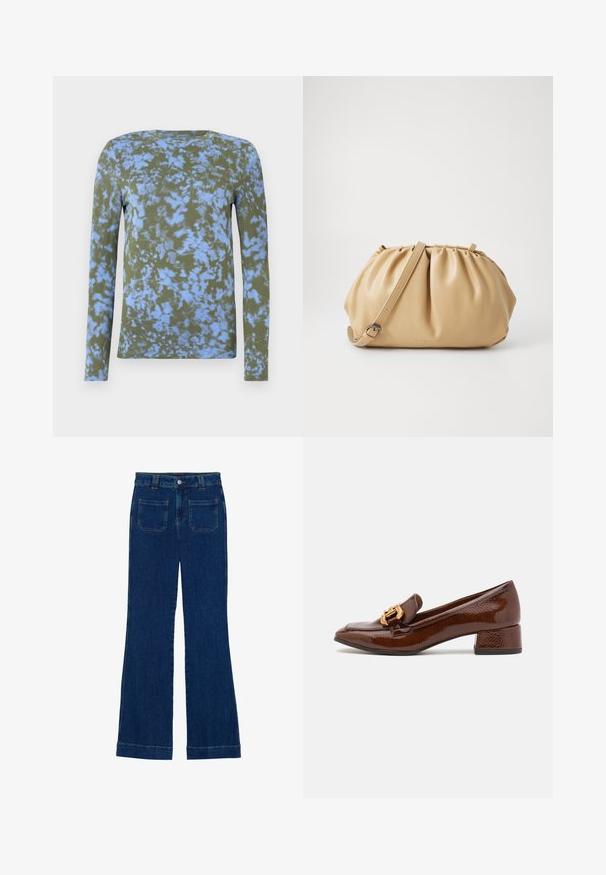 Olīvzaļa garām piedurknēm t-krekls ar zilu saites krāsojumu. Piegādā ar apaļu kakla izgriezumu un mīkstu tekstūru. Piemērots ikdienas valkāšanai.; Tumši zili džinsi ar izplestām kājām, gluda tekstūra, piecu kabatu dizains un pogu aizdare jostas vietā.; Brūni ādas mokasīni ar spīdīgu apdari, ar dekoratīvu zelta sprādzi priekšpusē un zemu blokveida papēdi. Klasisks dizains.; Brūns ādas soma ar krokotu dizainu, regulējamu siksnu un noapaļotu formu. Minimālistiska zīmola atzīme uz priekšpuses.