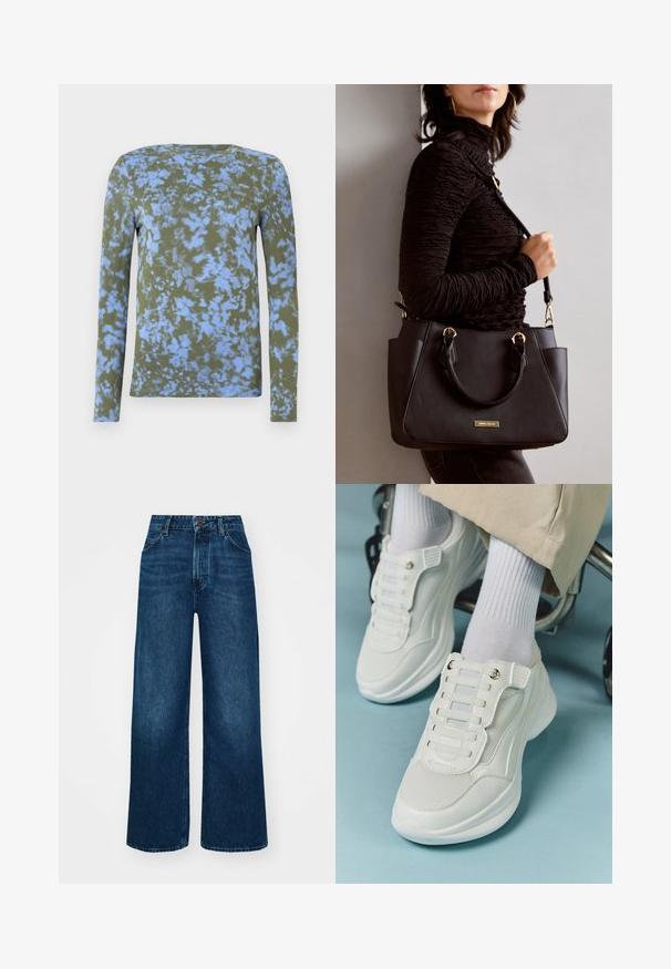 Long-sleeve t-shirt in olive green with blue tie-dye pattern. Features a crew neckline and soft texture. Suitable for casual wear.; High-waisted, wide-leg jeans in dark blue denim with a smooth texture, contrast stitching, and five-pocket design. Front button closure.; White sneakers featuring a mesh material, rubber sole, lace-free design with elastic bands, and gold-toned accents.; Black handbag with textured surface, dual top handles, and adjustable shoulder strap. Features gold-tone hardware and side pockets.