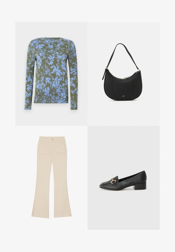 Long-sleeve t-shirt in olive green with blue tie-dye pattern. Features a crew neckline and soft texture. Suitable for casual wear.; Beige flared pants with a high waist, made of cotton fabric. Features front and back pockets, belt loops, and a single silver button.; Black leather loafers with a flat heel, featuring a decorative gold hardware detail on the front and a smooth texture.; Black leather handbag with a curved shape, textured surface, front seams, and a gold-tone logo. Features a single adjustable strap.