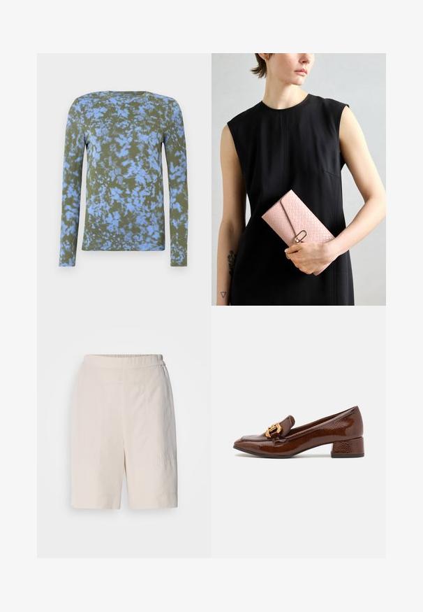 Long-sleeve t-shirt in olive green with blue tie-dye pattern. Features a crew neckline and soft texture. Suitable for casual wear.; Cream-colored shorts with a relaxed fit, featuring a flat front, elastic waistband, and subtle stitching details on the sides.; Brown leather loafers with a glossy finish, featuring a decorative gold buckle on the front and a low block heel. Classic design.; Light pink woven wallet with a textured finish, featuring a gold clasp. Held by a person wearing a black sleeveless dress. Simple design.