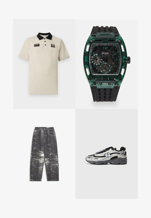 Beige polo shirt van gladde stof, met een zwarte kraag, drie knopen en een grafische label op de linkerkant van de borst in zwart en rood.; Zwarte denim jeans met een gestructureerd abstract patroon in grijstinten, met een klassieke vijf-pocket stijl en recht gesneden pijpen.; Zilveren en zwarte sportschoenen met een bovenwerk van mesh, een gevoerde zool, vetersluiting en een zijlogo.; Guess horloge met een rechthoekige groene plastic behuizing, een zwarte rubberen band met textuur, en meerdere wijzers met vetgedrukte cijfers en accenten.
